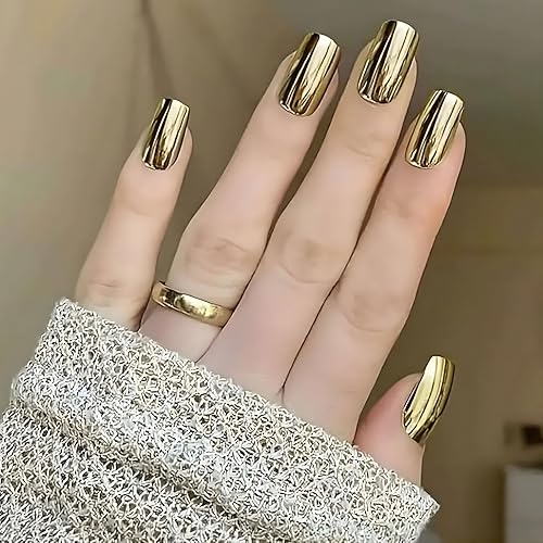 Gold Chrome Press On Nails Short Square, 24pcs Gold Fake