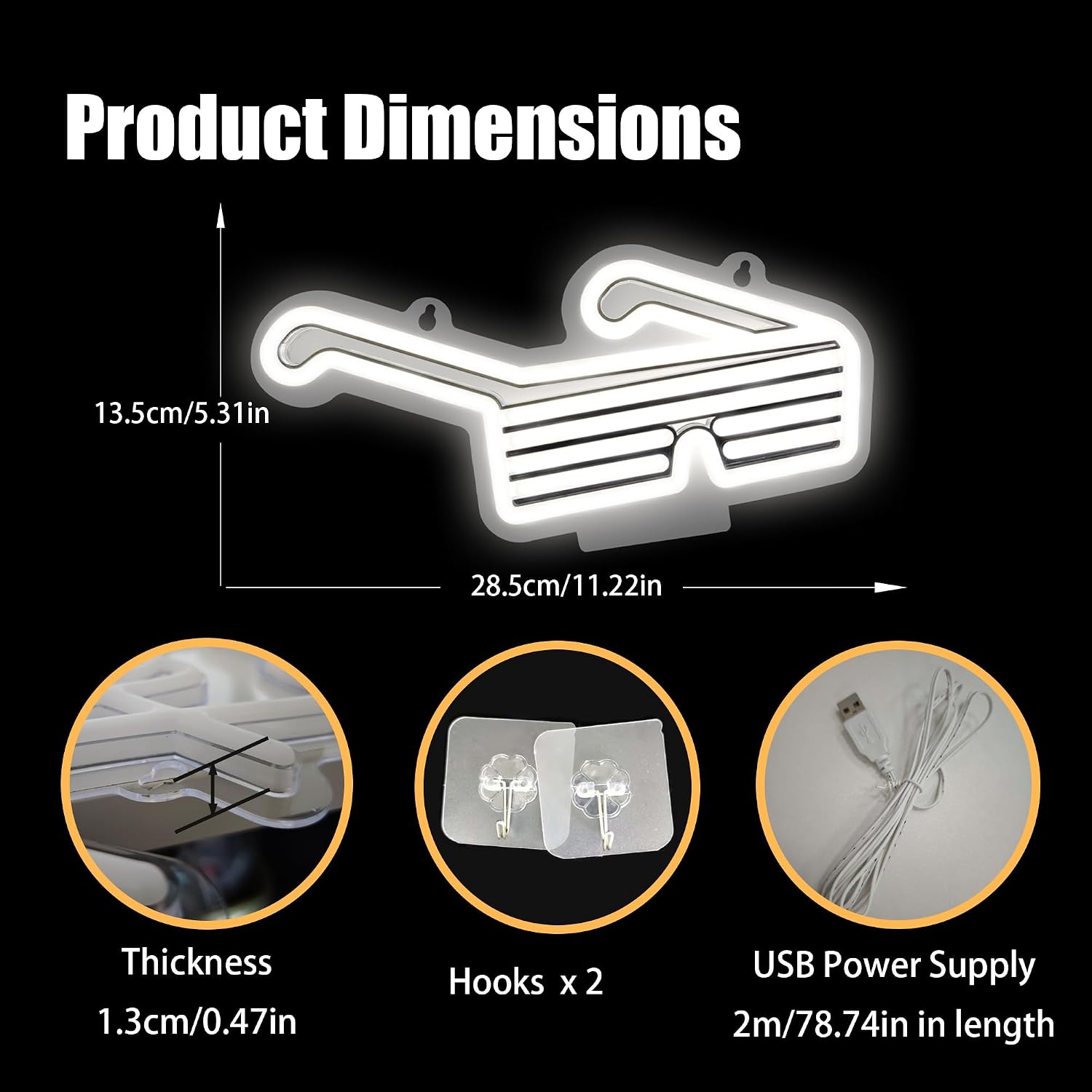 Sunglasses Neon Sign for Wall Decor,Adjustable Brightness Glasses Led Lights Sign,USB Powered Neon Light for Home Decoration Room Decor Gift Party Restaurant(White)