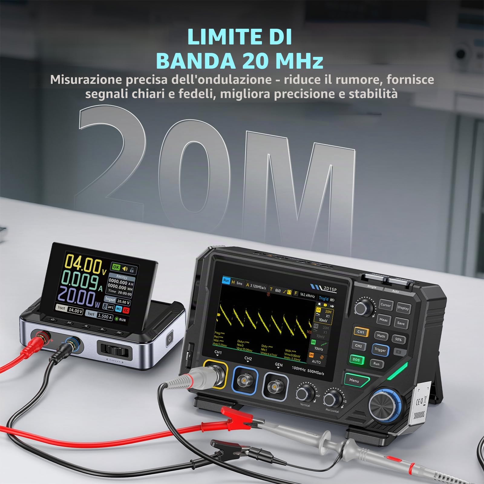 2D15P Oscilloscopio, 100 MHz Digitale Oscilloscopio Multimetro, Oscilloscopio Portatile 2 canali 3 in, 19.999 TRMS, Oscilloscopio Palmare di precisione 500 MSPS, Tester Oscilloscopio con touch screen