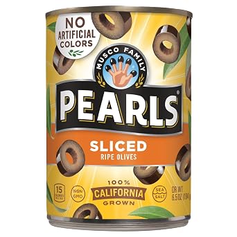 Pearls Sliced Black Ripe Pitted Olives, 6.5 oz Cans, Pack of 6 | California-Grown Manzanilla Olives, Non-GMO Verified, Gluten-Free, Vegan, No Artificial Colors, Cured with Water and Sea Salt