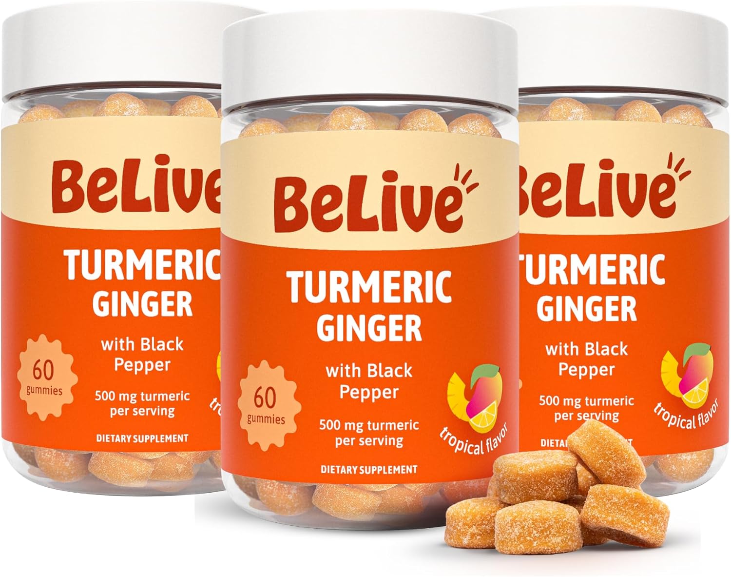 BeLive Turmeric and Ginger Gummies - 500mg - Joint and Mobility Support Supplement - Curcumin with Black Pepper for Enhanced Absorption - Tropical Flavor - 3 Pack, 180 Count