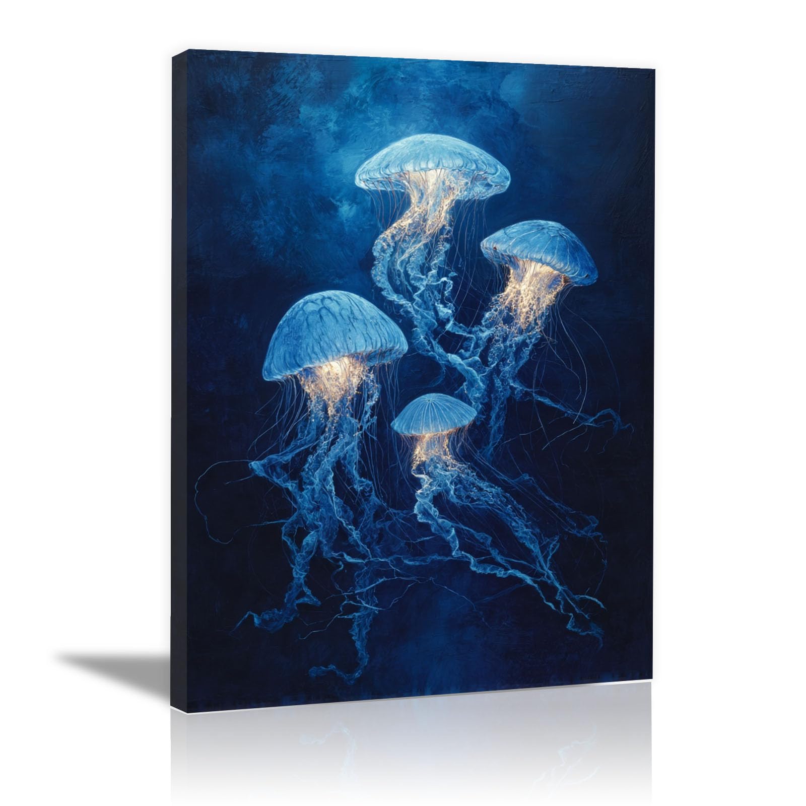 TERUEA Funny Bathroom Wall Art Decor, Four Blue Jellyfish Deep Sea Picture for Bathroom Bathing Animals Humor Abstract Decor(Blue)-20x30cm Framed