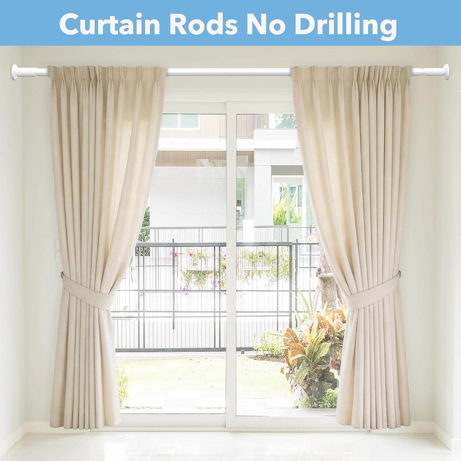 Tension Curtain Rod 51–128 In(10Ft), No Drill Shower Curtain Rod for Bathroom, Long Curtain Rod for Window Patio,Adjustable Heavy Duty Tension Rod Closet Rod Renter Friendly No Tools Never Rust, White