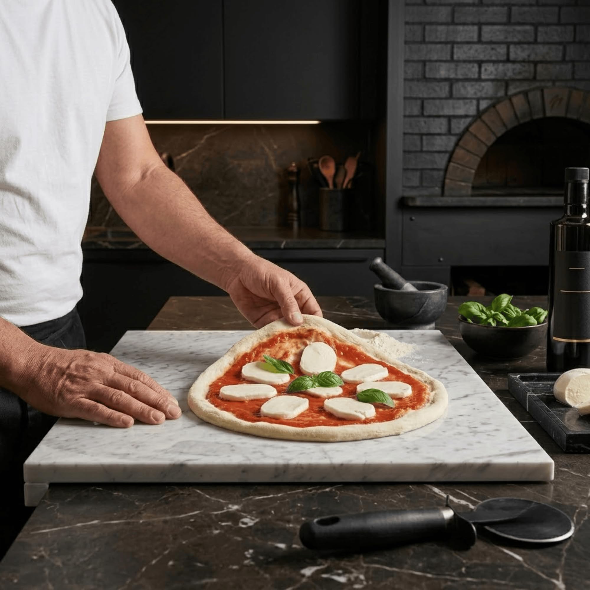 Planche à Pâtisserie en Marbre Blanc de Carrare 59x46,5 cm - Plan de Travail Professionnel avec Rebord pour Pétrir - Planche de Cuisine pour Pain Pizza, Pâtes - Plaque Polie pour Tempérage du Chocolat