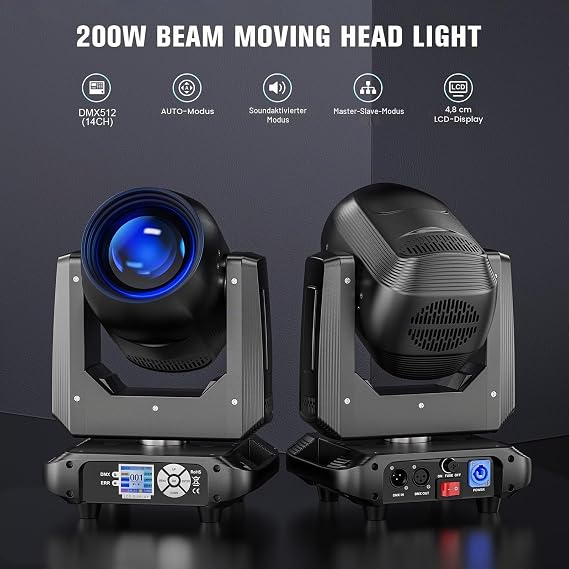200 W Moving Head RGBW LED Beam Stage Light Electronic Focus 14 Gobo DMX512 Party Light 18 Prisms 360° Rotating Rainbow Effect for Christmas DJ Disco Bar Wedding