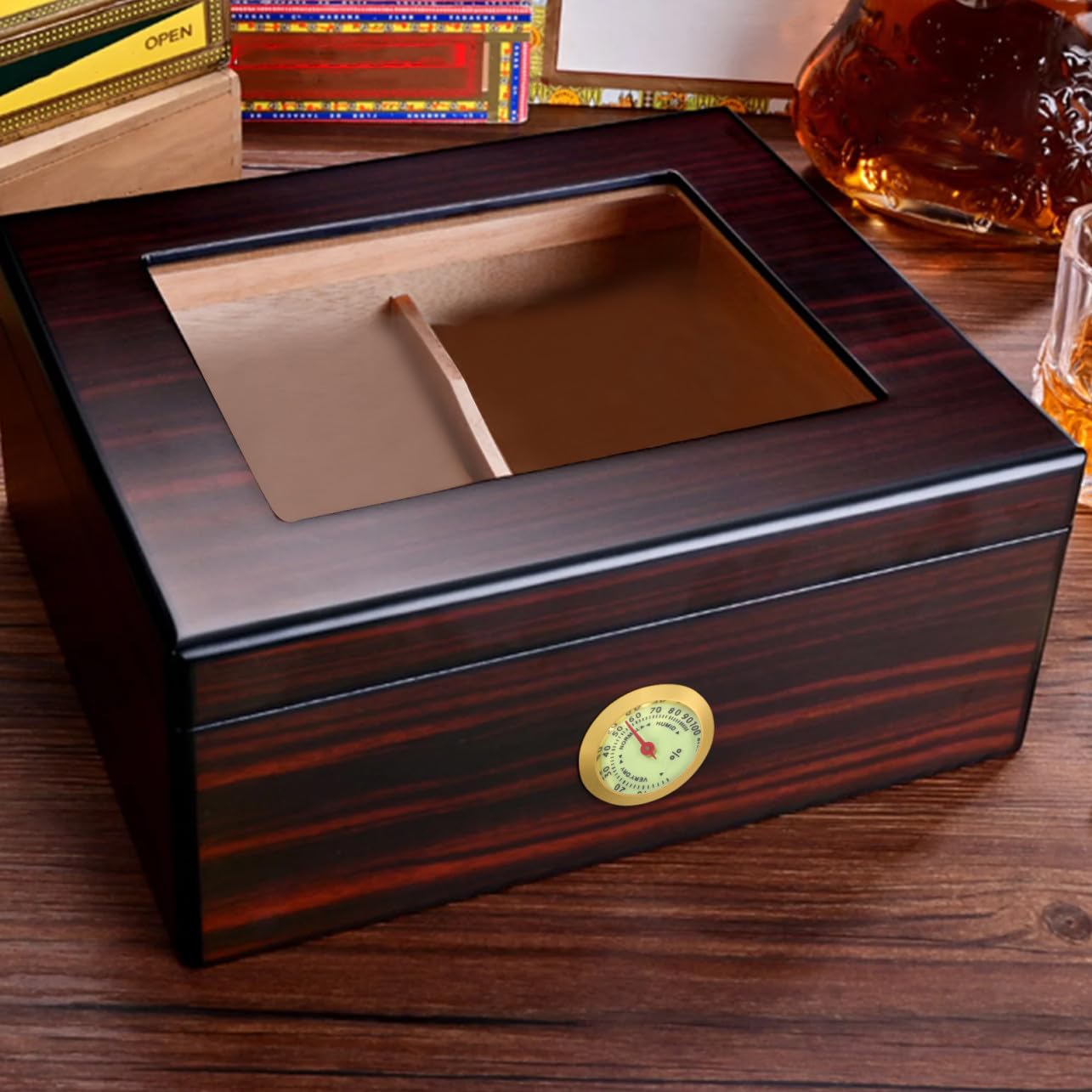 SOIMISS Round Mechanical Cigar Hygrometer Analog Humidor Gauge Small Night Light Accessory for Cigar Box and Guitar Humidors