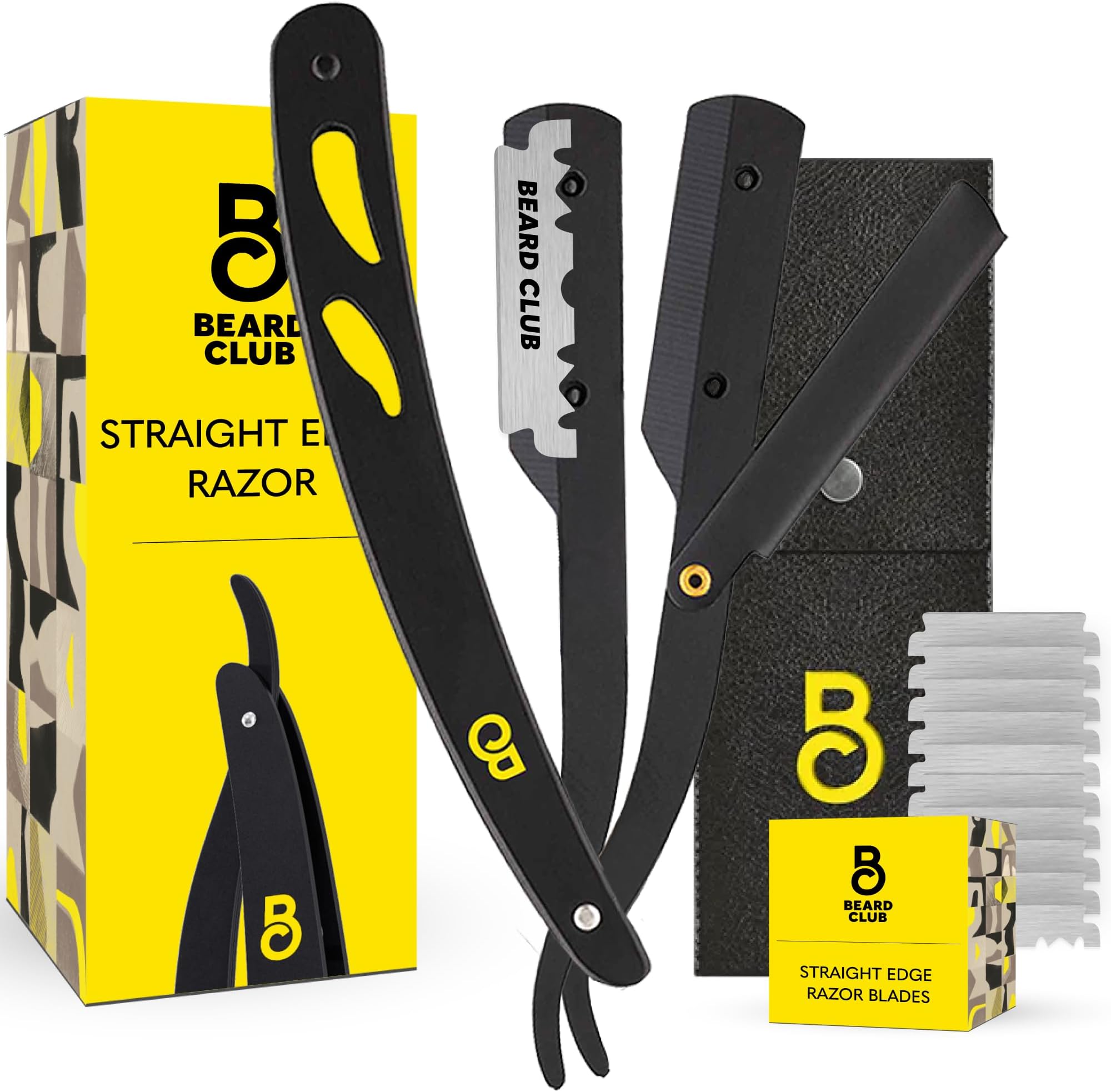 The Beard Club Straight Razor for Men - Navajas Para Barbero - Barber Straight Edge Razor Kit - Premium Single Derby Blade Cutthroat With 10 Replaceable Stainless Steel Blades & Leather Case