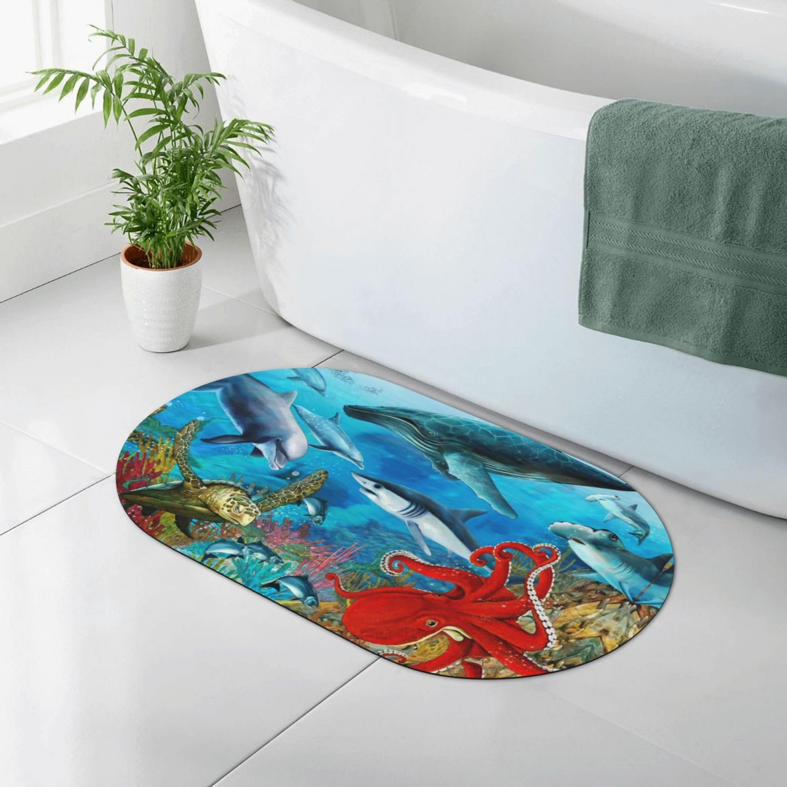 Tapis anti glissade pour salle de bain absorbant motif pieuvre