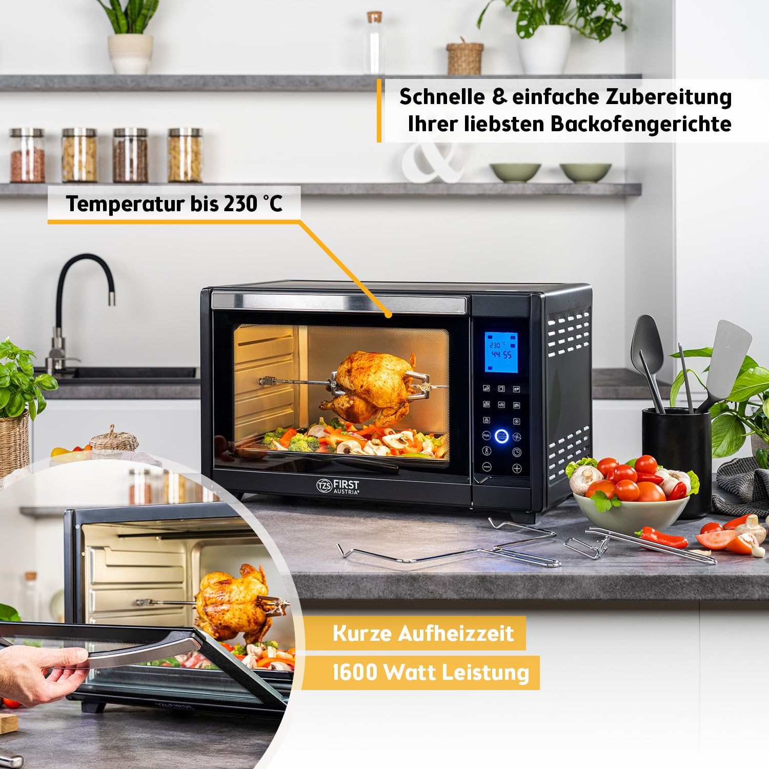 TZS First Austria - Minibackofen Digital 30L 1600W - Mini Backofen stufenlose Temperaturregelung bis 230°C - Miniofen 60 Min-Timer, 3 Einschubhöhen, Backblech & Grillrost - Für kleine Küchen & Camping