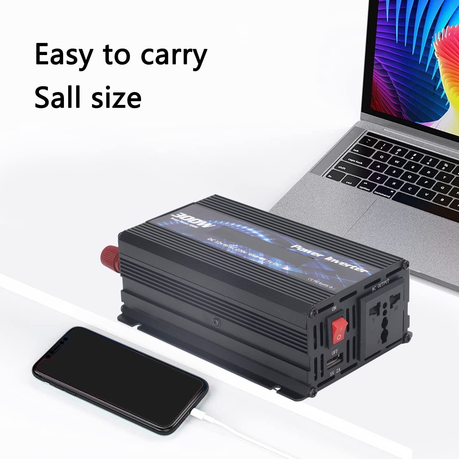 Hyuduo Konwerter Samochodowy Aluminiowy Falownik 300 W DC 12 V na AC 220 V z 2 A USB Wentylator Chłodzący z Wyświetlaczem LCD do Wycieczek Samochodowych Kemping Awaryjne Kopie Zapasowe (BLACK)