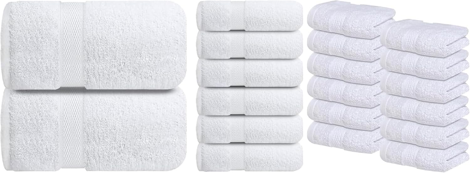 Infinitee Xclusives Premium White Bath Sheets – Pack of 2, 35x70 Inches Large Bath Sheet Towel + Hand Towels - Pack of 6 + Washcloths Set – Pack of 12