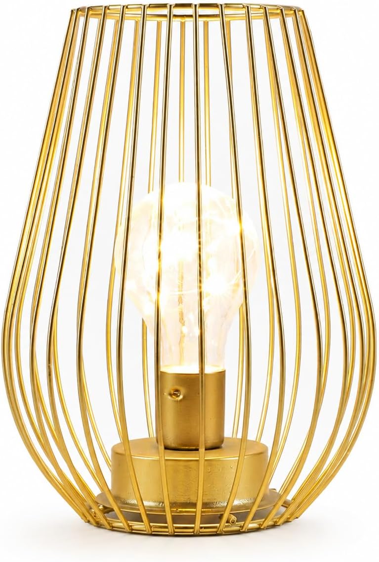 TRIROCKS Battery Operated Table Lamp 8-Inch Cordless Metal Cage Accent Light with Warm LED Fairy Lights Bulb for Living Room Bedroom Dining Table Wedding Parties Indoor Outdoor (Gold)
