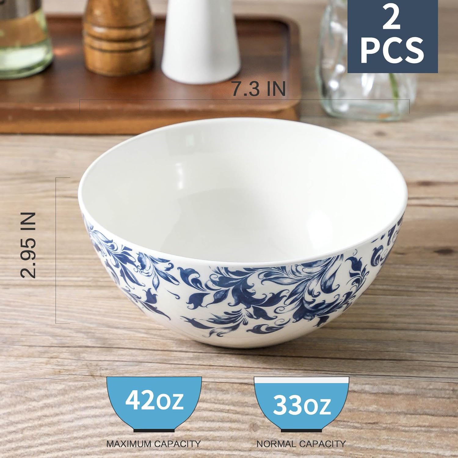 Blue Serving Bowls Set of 2, 42 oz Large Soup Bowl, Ceramic Pho Bowls for Cereal Salad Ramen Pasta Fruit, Blue and White bowls for Entertaining, Microwave Dishwasher Safe, Vintage