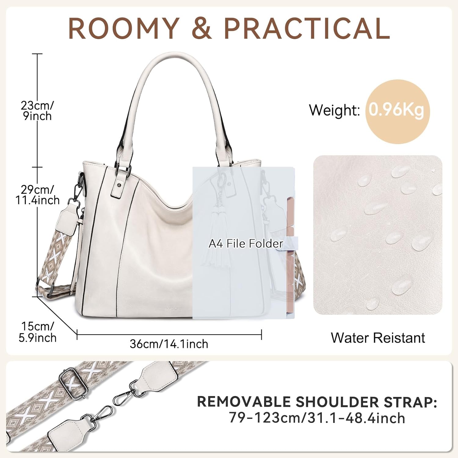 VASCHY Hobo Bag for Women, Leather Tote Bag Purse with Zipper Guitar Strap - Image 2