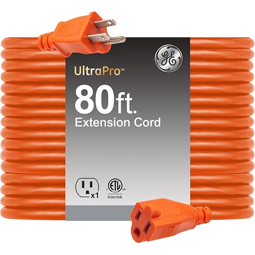 GE Outdoor Long Extension Cord, 80 Ft, Grounded Heavy Duty, 16AWG 3 Prong, ETL Listed, Orange (81703)
