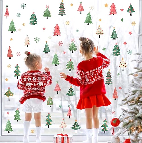 Miniatura 8 de Calcomanías de pared para árbol de Navidad, calcomanías de pared coloridas con copos de nieve, estrella, despegar y pegar, calcomanías de pared de