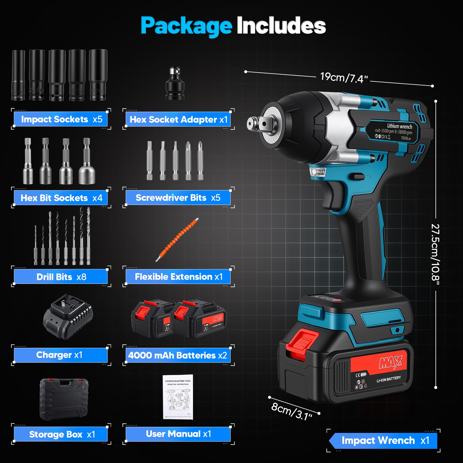 Avvitatore a impulsi 700N, con 2 batterie, 3 Velocità variabili, Arresto freno, LED Avvitatore a percussione, Avvitatore impulsi batteria, per riparazioni auto, Fai da te