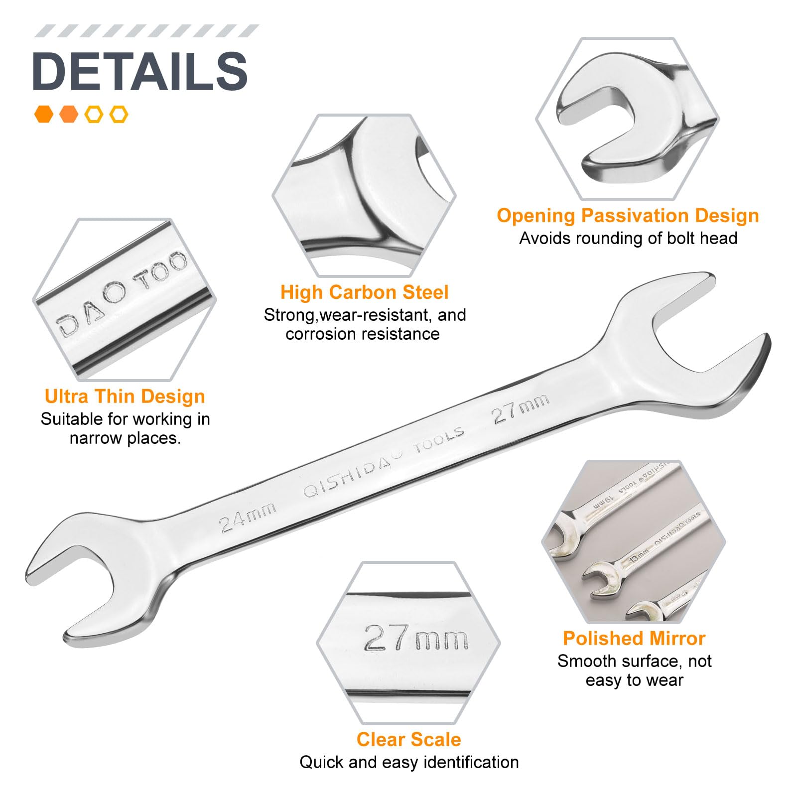 HARFINGTON 2 llaves de extremo abierto doble de 24 mm x 27 mm, métricas de ángulo de desplazamiento de 15 grados, llave de cabeza plana pequeña, llave de extremo abierto pulida con espejo para