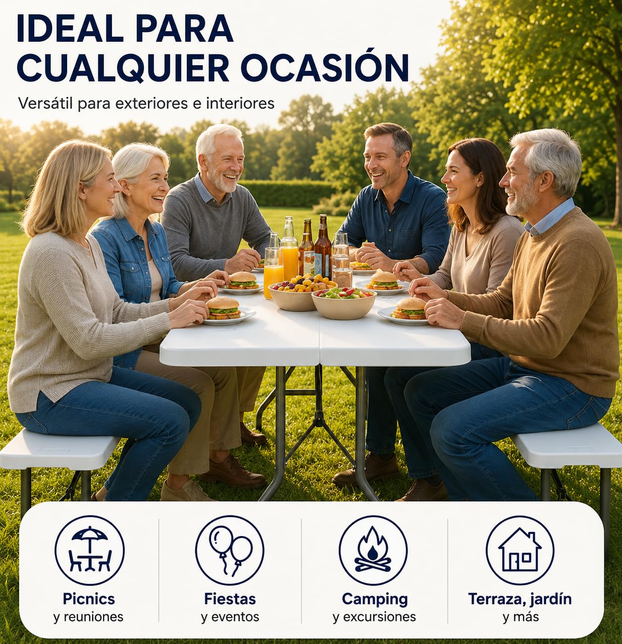 Set Mesa Plegable con 2 Bancos 180 cm, Conjunto de Jardín y Camping para 6-8 Personas, Mesa Maleta Portátil con Estructura de Acero y Superficie HDPE