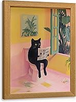 Vista 1 de Cyebmo Funny Bathroom Wall Art, Cute Black Cat Sitting on Toilet Reading Newspaper Wall Decor, Whimsical Pink Abstract Animal Canvas Artwork for