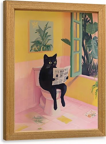 Cyebmo Funny Bathroom Wall Art, Cute Black Cat Sitting on Toilet Reading Newspaper Wall Decor, Whimsical Pink Abstract Animal Canvas Artwork for