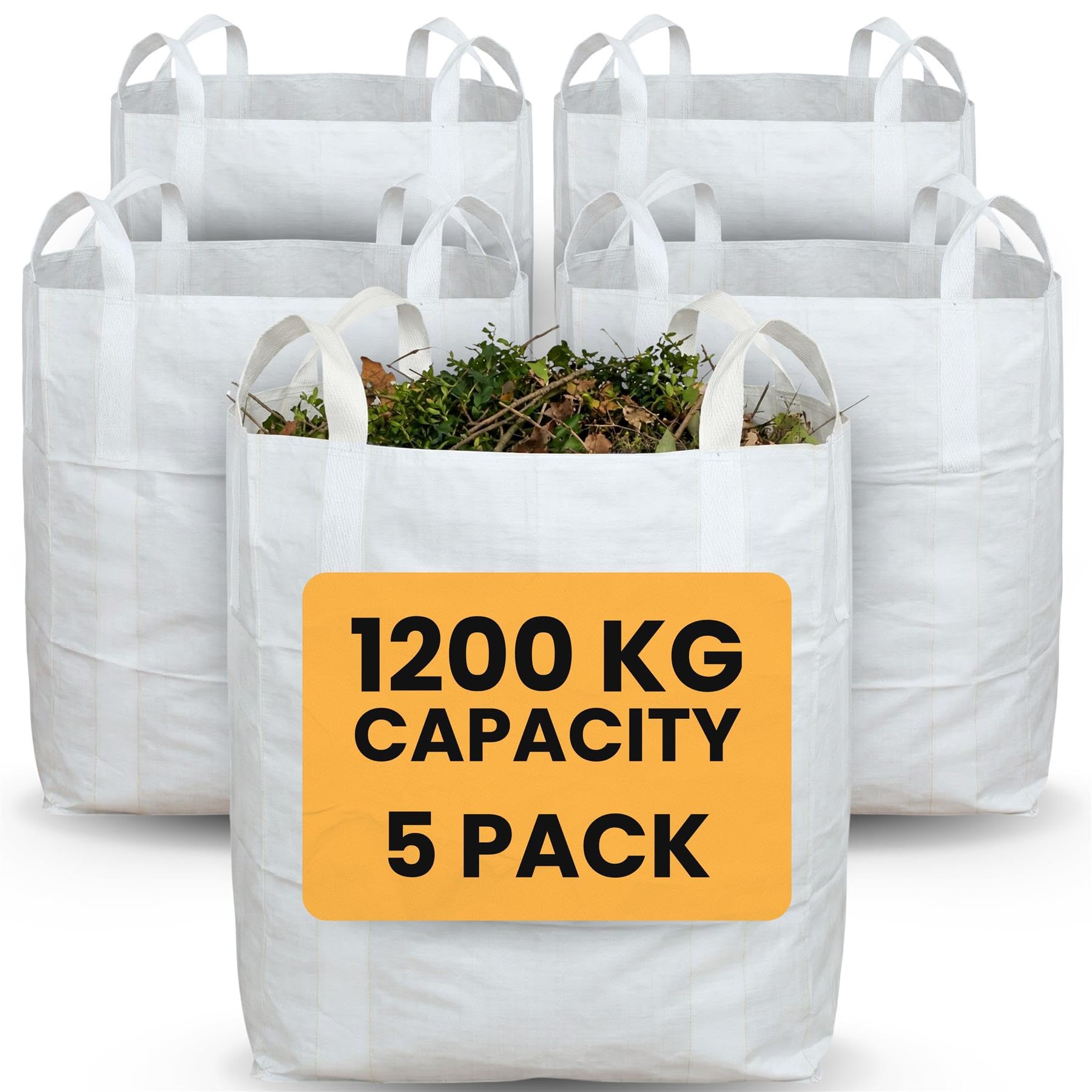 Extra Large 1.2 Tonne Builders Bag – 5 Pack FIBC Ton Bag – Heavy-Duty Polypropylene Bulk Bags with Reinforced Lifting Loops and Stitching – Reusable Dumpy Sack for Industrial or Garden Use