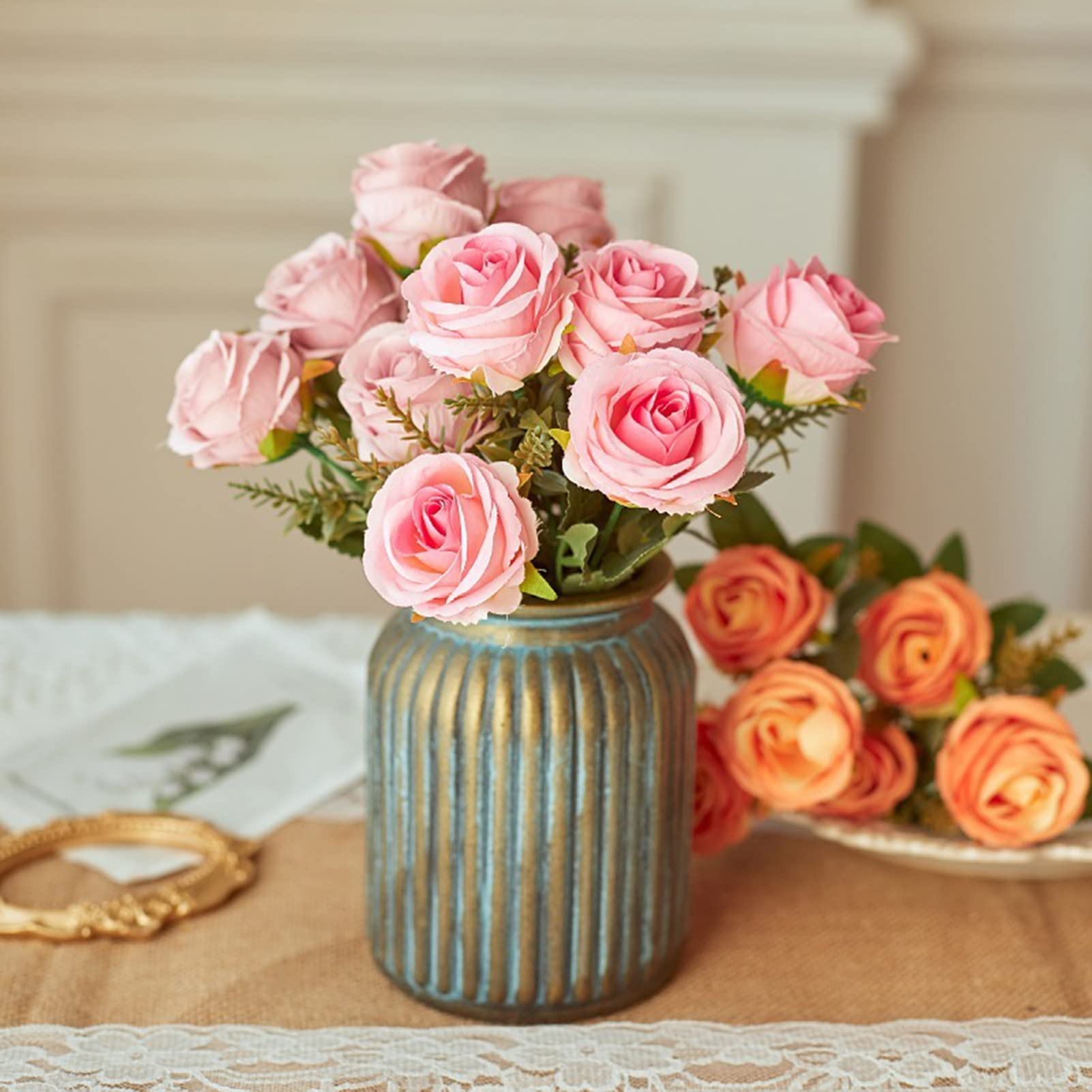 Hbluefat Composizione Di Fiori Finti Rosa Peonia In Vaso Ceramica – Centrotavola Artificiale Per Casa E Ufficio (18.5 Cm)