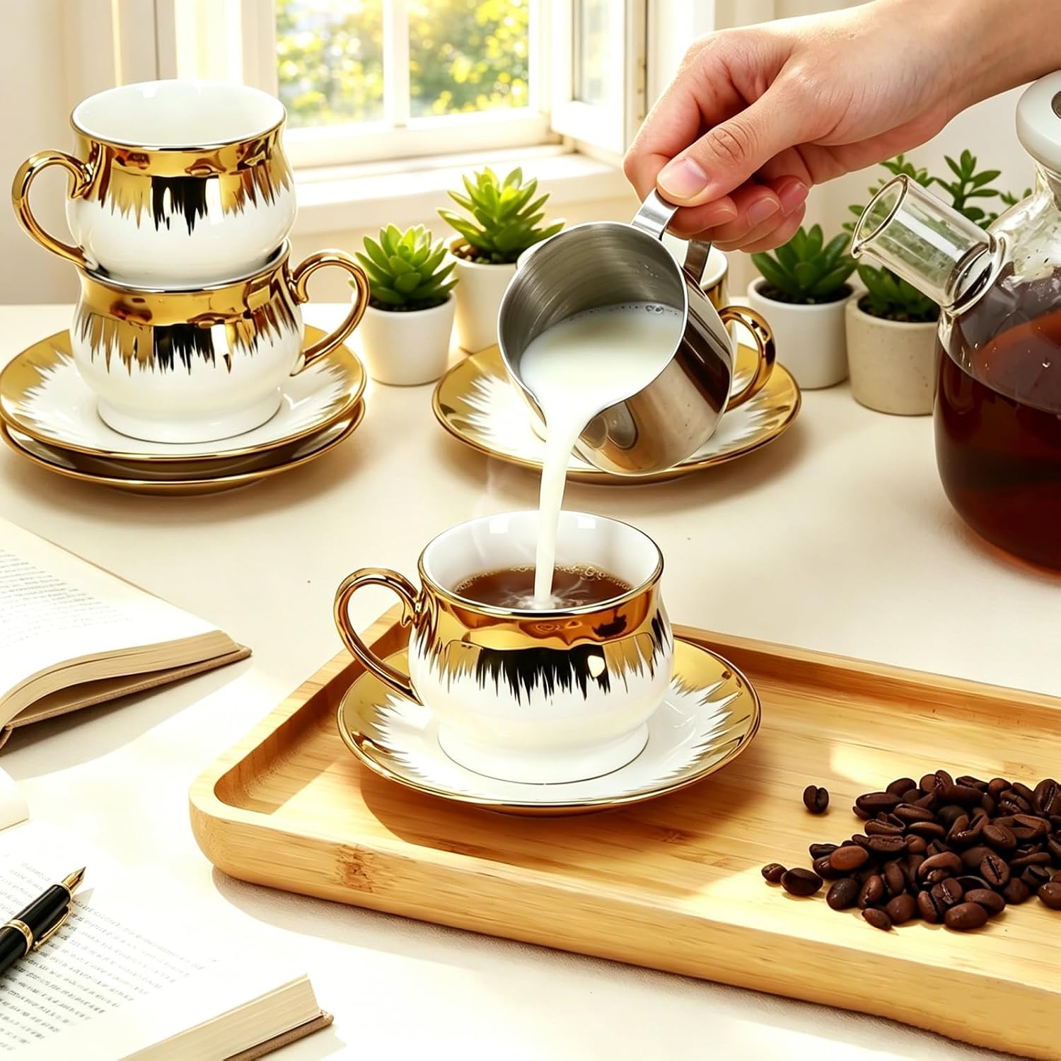 Espresso Cups with Saucers, Ceramic Coffee Cup Set of 6, 3.5 OZ Turkish Coffee Cup Set, Stackable Coffee Cup Gift for Double Shot, Latte, Cafe Mocha and Tea, Dishwasher & Microwave Safe