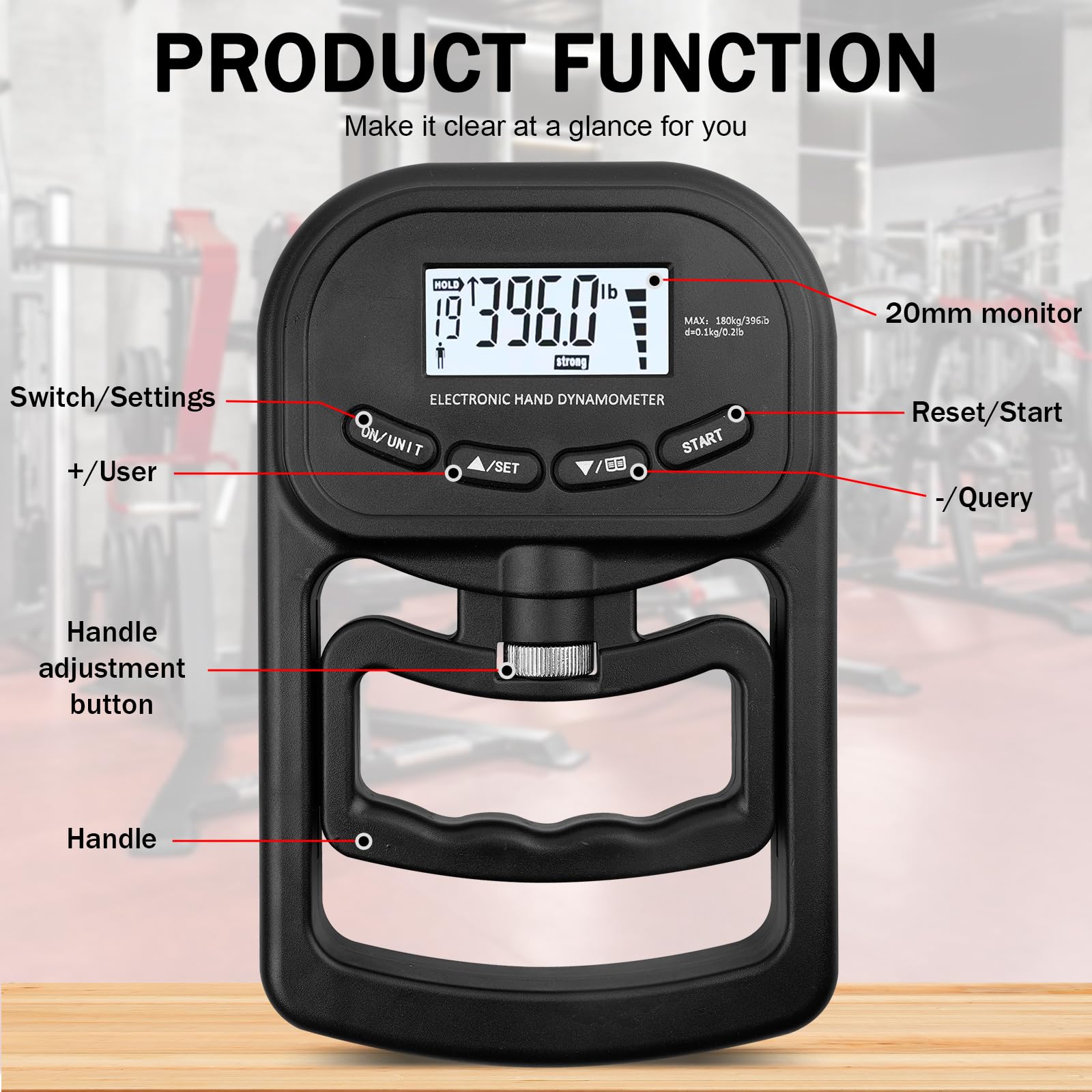 Digitales Handdynamometer: Hand Dynamometer mit LED-Bildschirm 396lb/180Kg, Electronic Hand Grip Strength Tester Grip für Sportler und Heimgebrauch