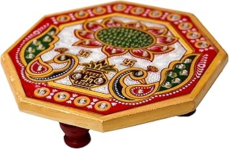 Octagonal Peacock Design Marble Chowki | Hand-Painted Multicolor Bajot for Home Mandir, Pooja Idols and Statues | Decorative Marble Pooja Chowki for Temple and Home Décor (4 x 4 inch)