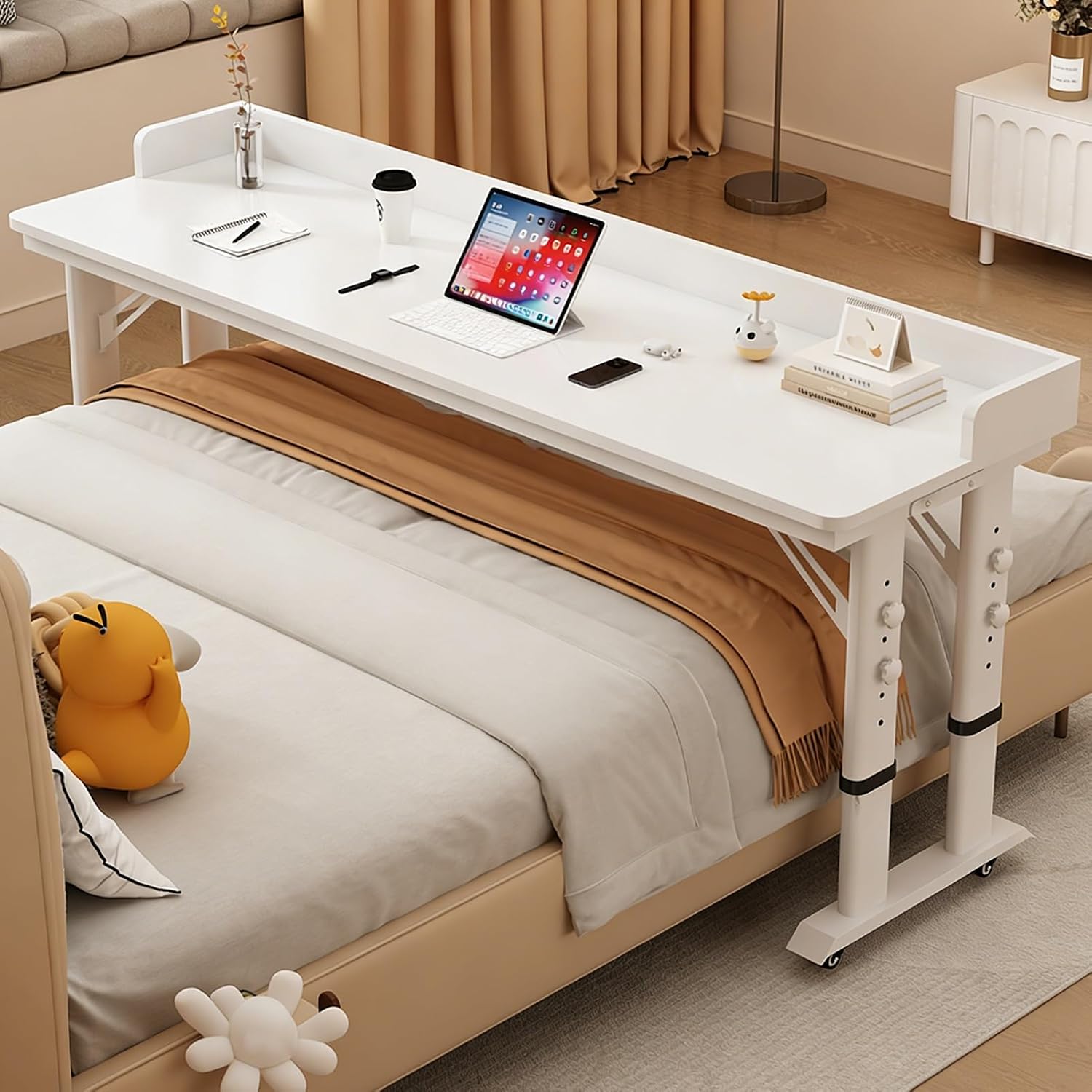 Height Adjustable Overbed Table, Mobile Over The Bed Table with Baffles, Over Bed Desk with Lockable Wheels, Crossbed Nursing Tables Computer Tables for Eating On Bed(White,180cm/70.8")