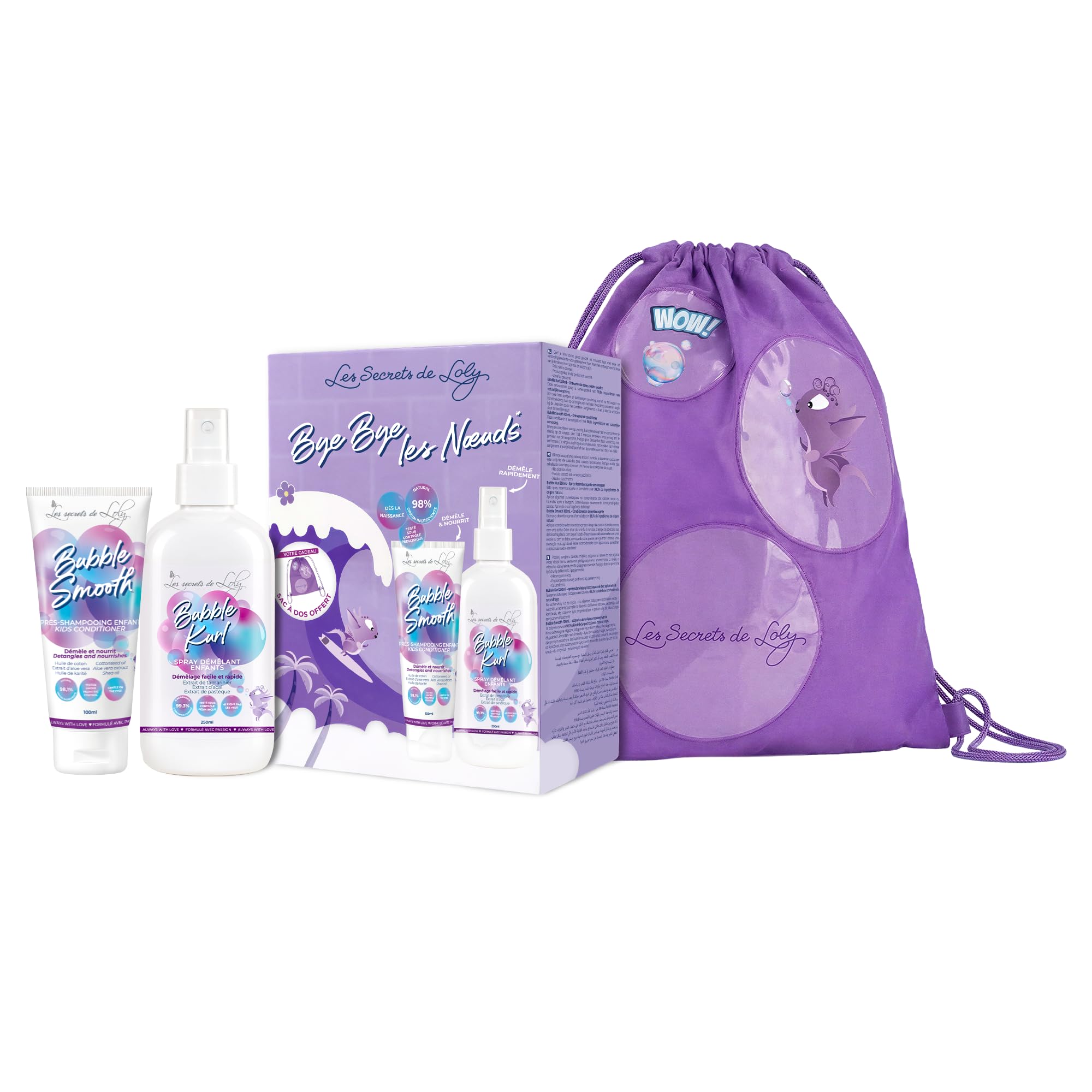 Les Secrets de Loly – Coffret Démêlant Enfant Cheveux Bouclés & Texturés – Spray Sans Rinçage Bubble Kurl 250 ml + Après-Shampooing Bubble Smooth 100 ml – Hydrate & Définit – Dès la Naissance