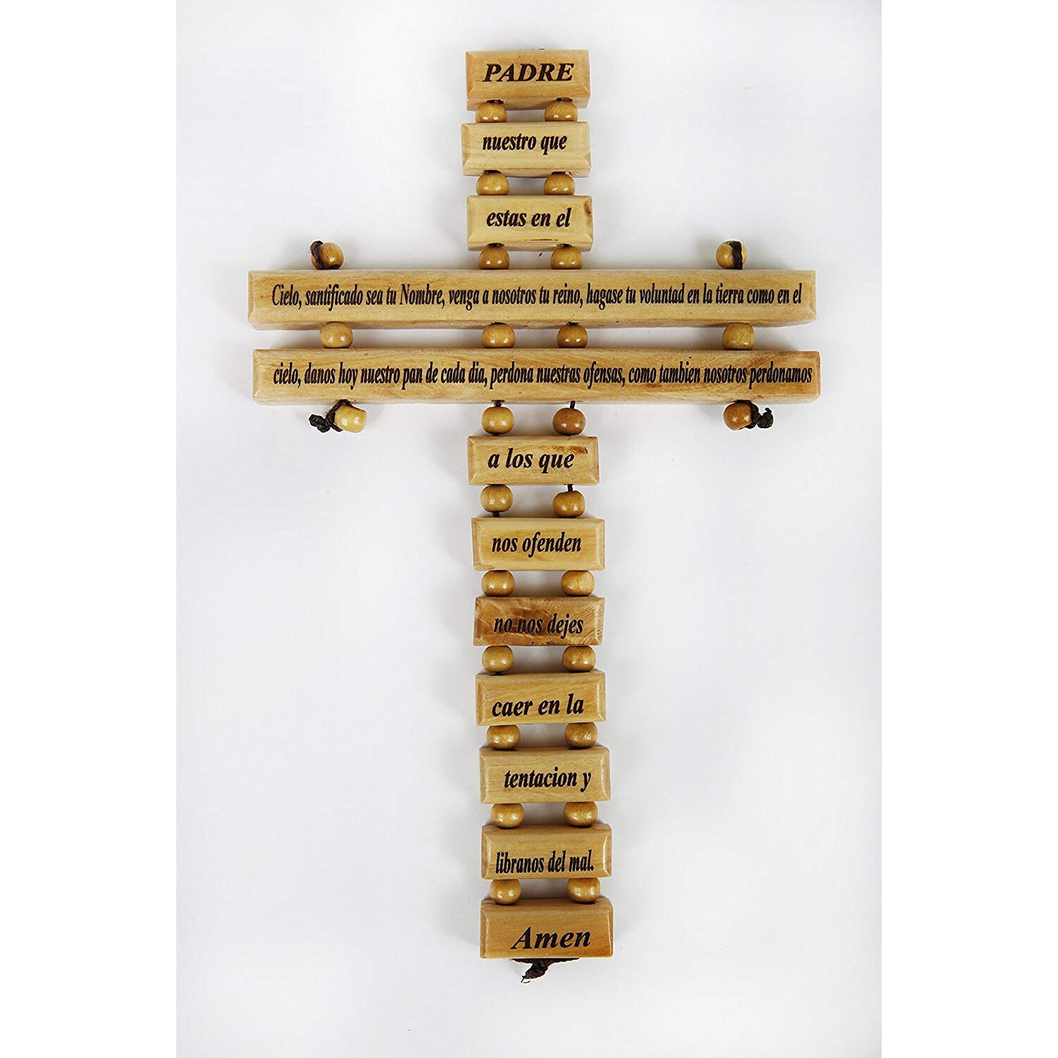 Bethlehem Treasures Olive Wood Crucifix / Wall Cross adorned with 'Our Father Prayer' (Spanish Small Version) from Jerusalem. An Ideal Religious Gift for Christmas or any other Christian Holiday.