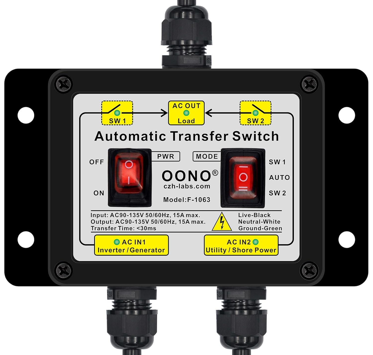 Manual and Automatic Transfer Switch, AC120V 15A ATS Auto Transfer Switch (NEMA 5-15P + 5-15R)
