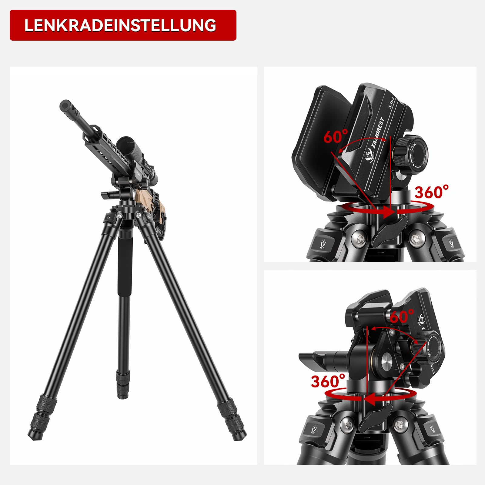 A363 Aluminium Jagdstativ mit universeller Jagdklemme, Jagdsattelhalterung, 36 mm Beinrohrdurchmesser