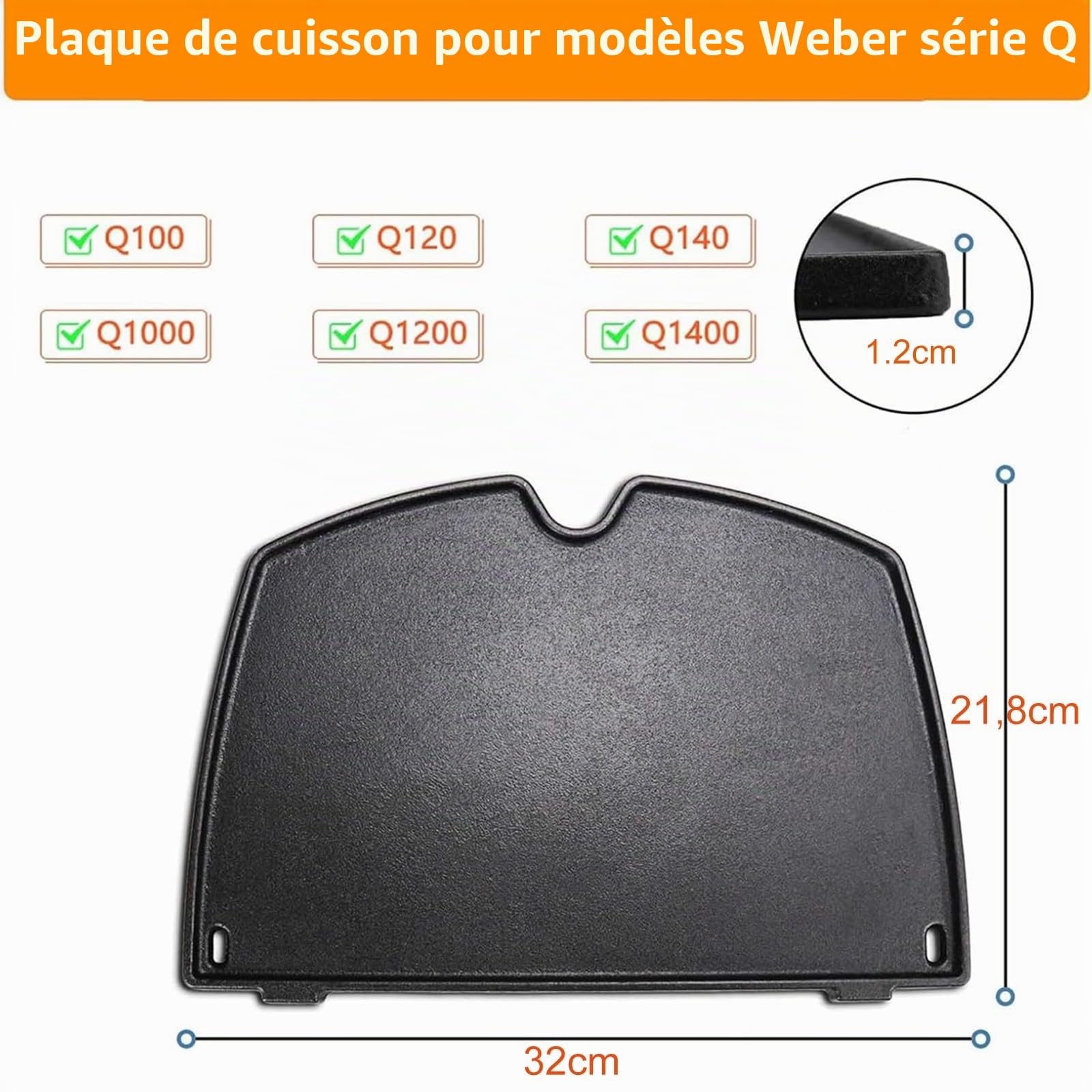 Denmay 6558 32 X 21.8CM Plancha de Cuisson pour modèles de Gril Weber Q100, Q1000, Q120, Q1200, Fonte Plaque Gril à Gaz Pièces de Rechange, 1 Paquet