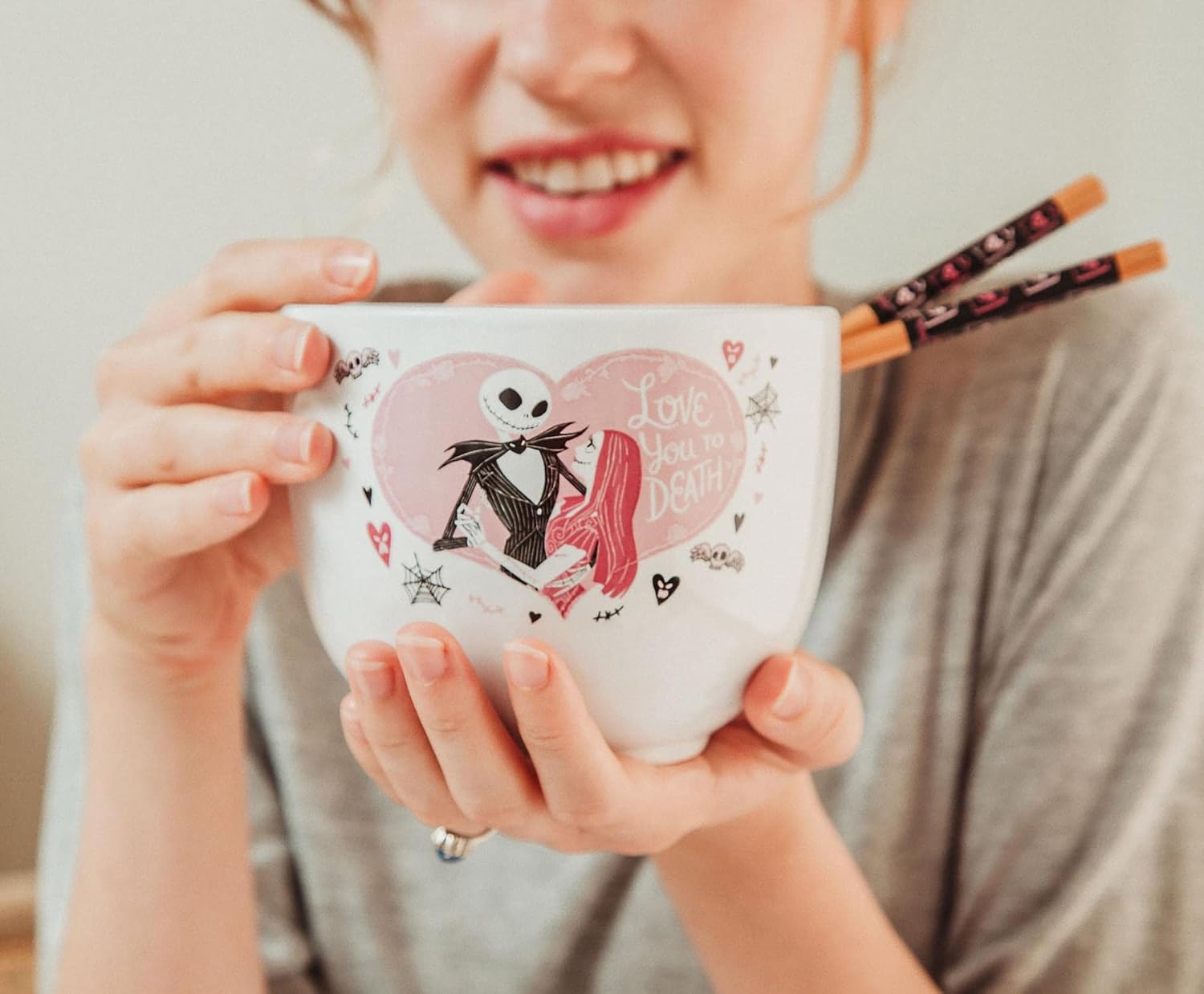 Disney The Nightmare Before Christmas Jack and Sally "Love You to Death" Japanese Ceramic Dinnerware Set | Includes 20-Ounce Ramen Noodle Bowl and Wooden Chopsticks