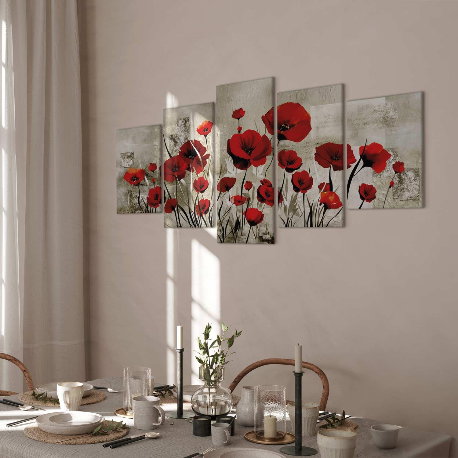 B&D XXL - Quadro Fiori Papaveri 200x100 cm 5 Pezzi Stampa su Tela XL Immagini Moderni Murale Fotografia Grafica Decorazione da parete Quadri Componibili Fiore Papavero Rosso Grigio b-A-0001-b-o