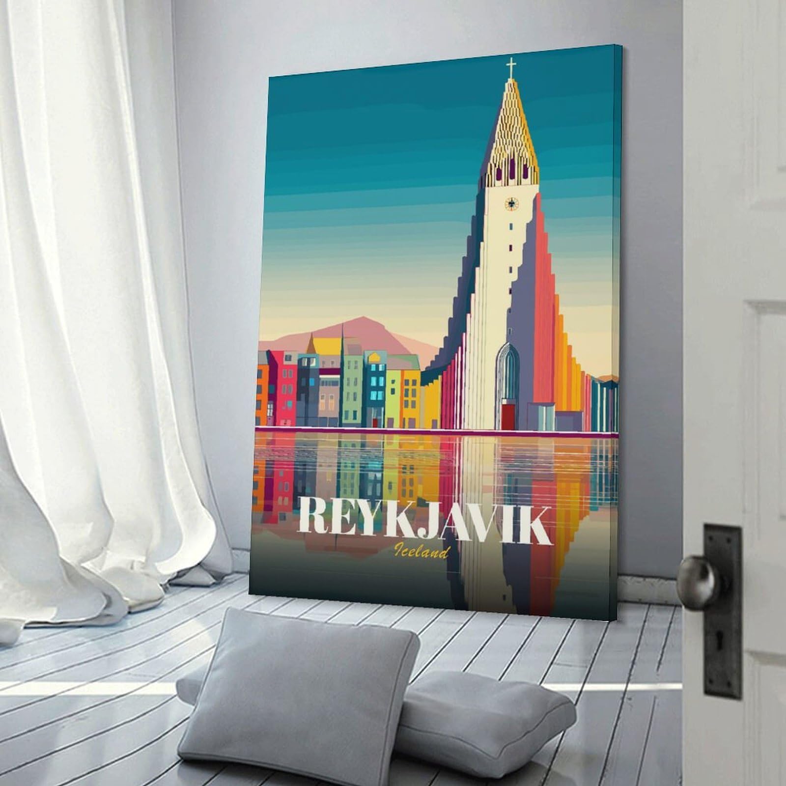 Junmoney Reykjavik Cityscape with Hallgrímskirkja Canvas Wall Picture, 12x18inch(30x45cm), for Wall Displays, Bedrooms Or Room Updates, Wall Decor Suited to Curated Displays