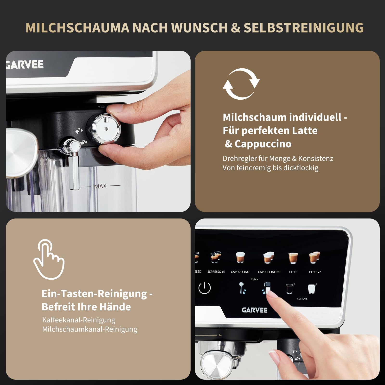 Máquina portafiltro 20 bar 1450 W, doble caldera, espumador de leche automático y autolimpieza, máquina de café espresso con depósito de agua de 2 litros, depósito de leche de 500 ml, 6 programas +