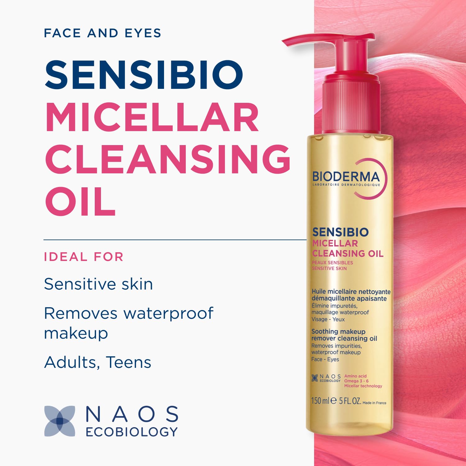 BIODERMA Sensibio Olio Micellare - Deterge, Strucca, Lenisce - Rimuove il Trucco Waterproof da Occhi e Labbra - Pelle Sensibile - Flacone a Pompa 150 ml