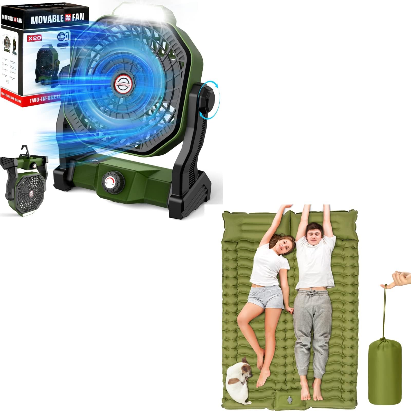 MAMBAKOTR Double Camping Sleeping Pad with Built-in Foot Pump and Pillows with 10400mAh Portable Camping Fan with LED Lantern USB Battery Operated Tent Fan Rechargeable