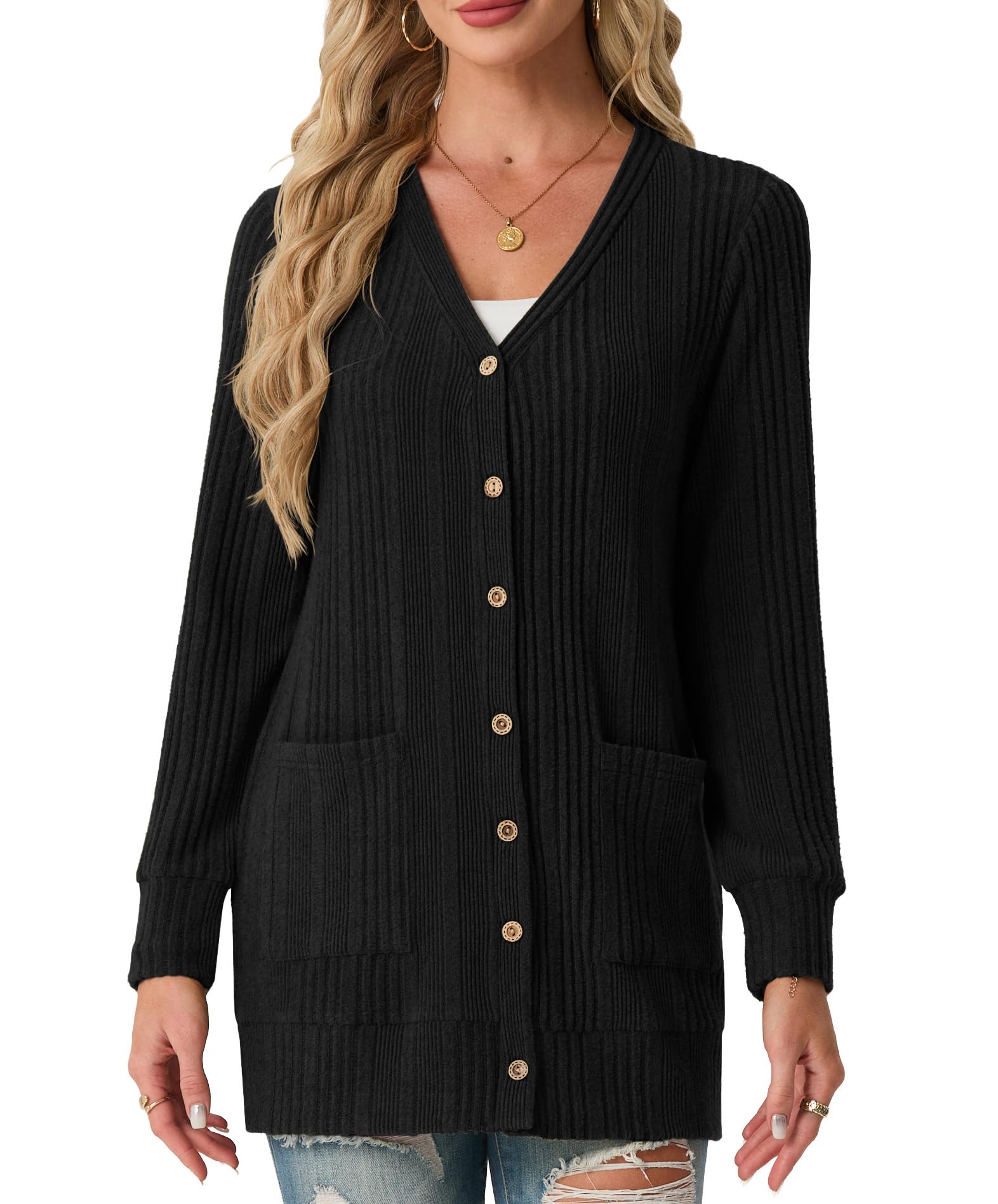 GRECERELLE Damen Sommer Lang Strickjacke Elegant Leichte Lässig Cardigan V-Ausschnitt Gerippt Strickjacken mit Tasche, Knöpfen