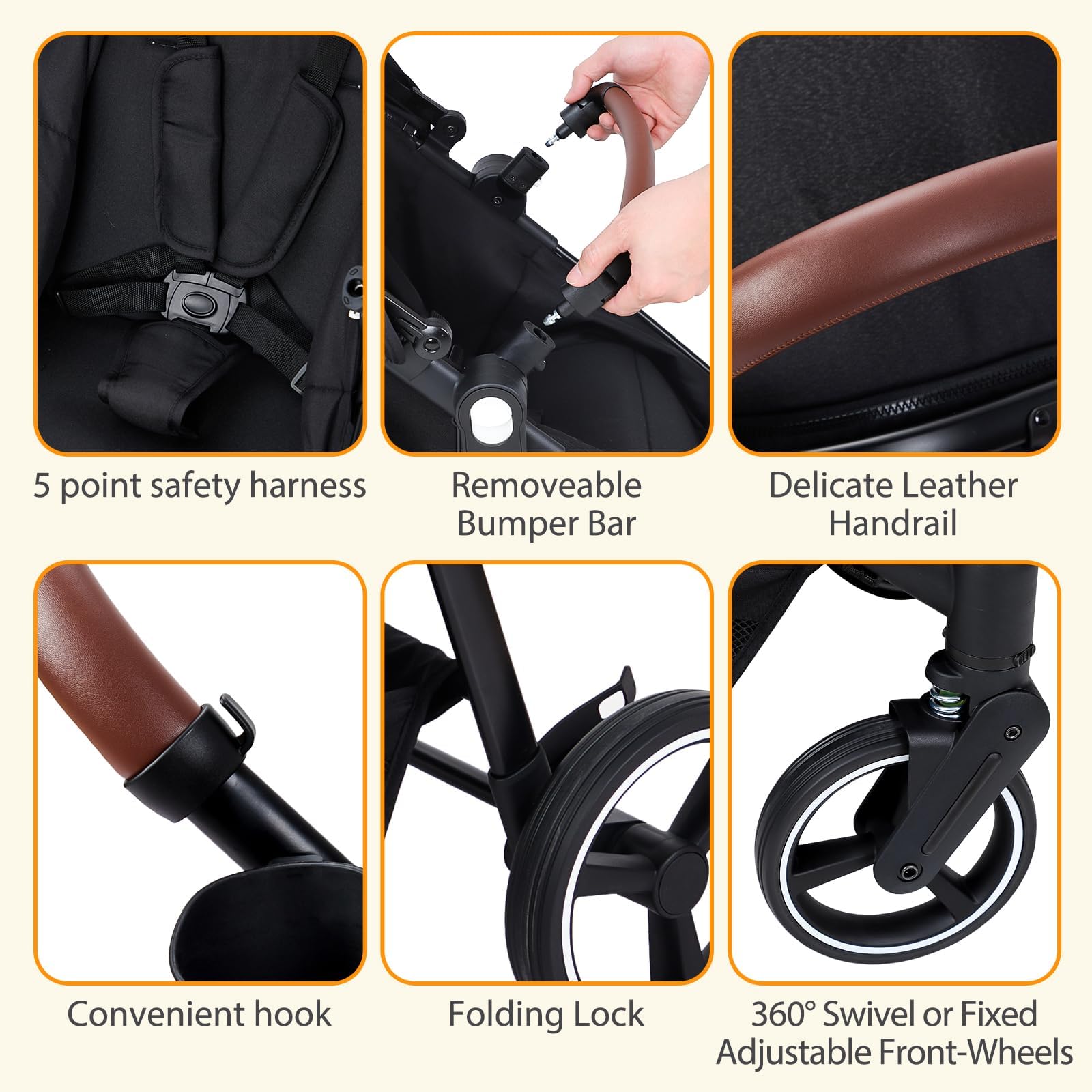 Poussette 3 en 1 Compacte avec Nacelle, Cosy et Siège Sport – Ensemble Évolutif de Naissance à 26 kg – Châssis Léger, Pliable pour Voyage en Cabine – Confort Tout Terrain, Noir