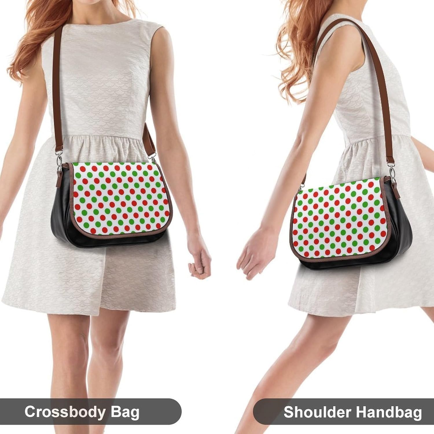 Red Green Polka DotsWomen's Faux Leather Crossbody Bag, Waterproof Wrinkle-Resistant Shoulder Bag with Detachable Strap, Large Capacity Casual Handbag, Fashion Daily Purse for Shopping Work Dating, Id