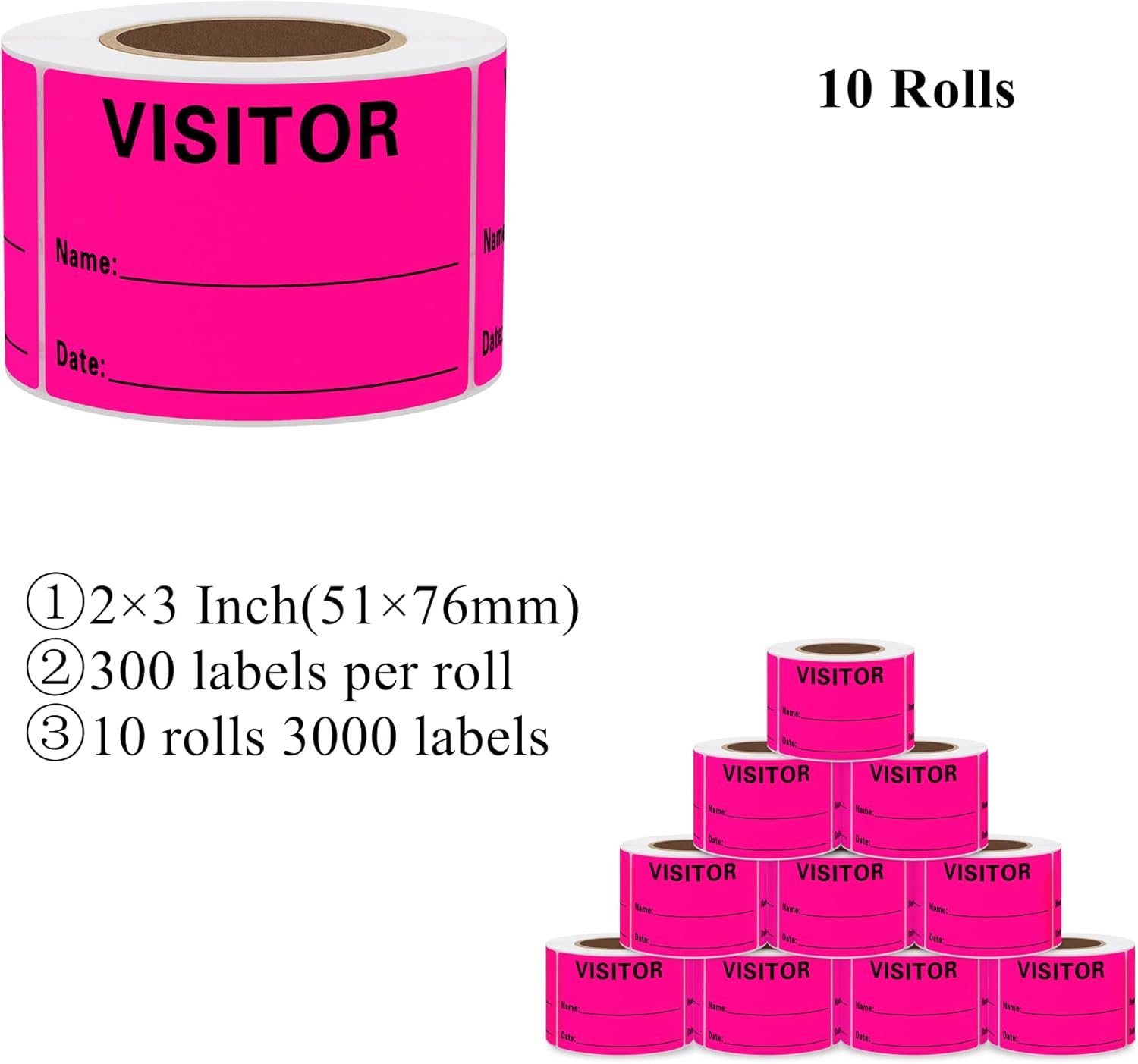 Visitor Pass Labels Name Identification Stickers Writable 2×3 Inch Fluorescent Pink - 300 Stickers Per Roll（10 Rolls）