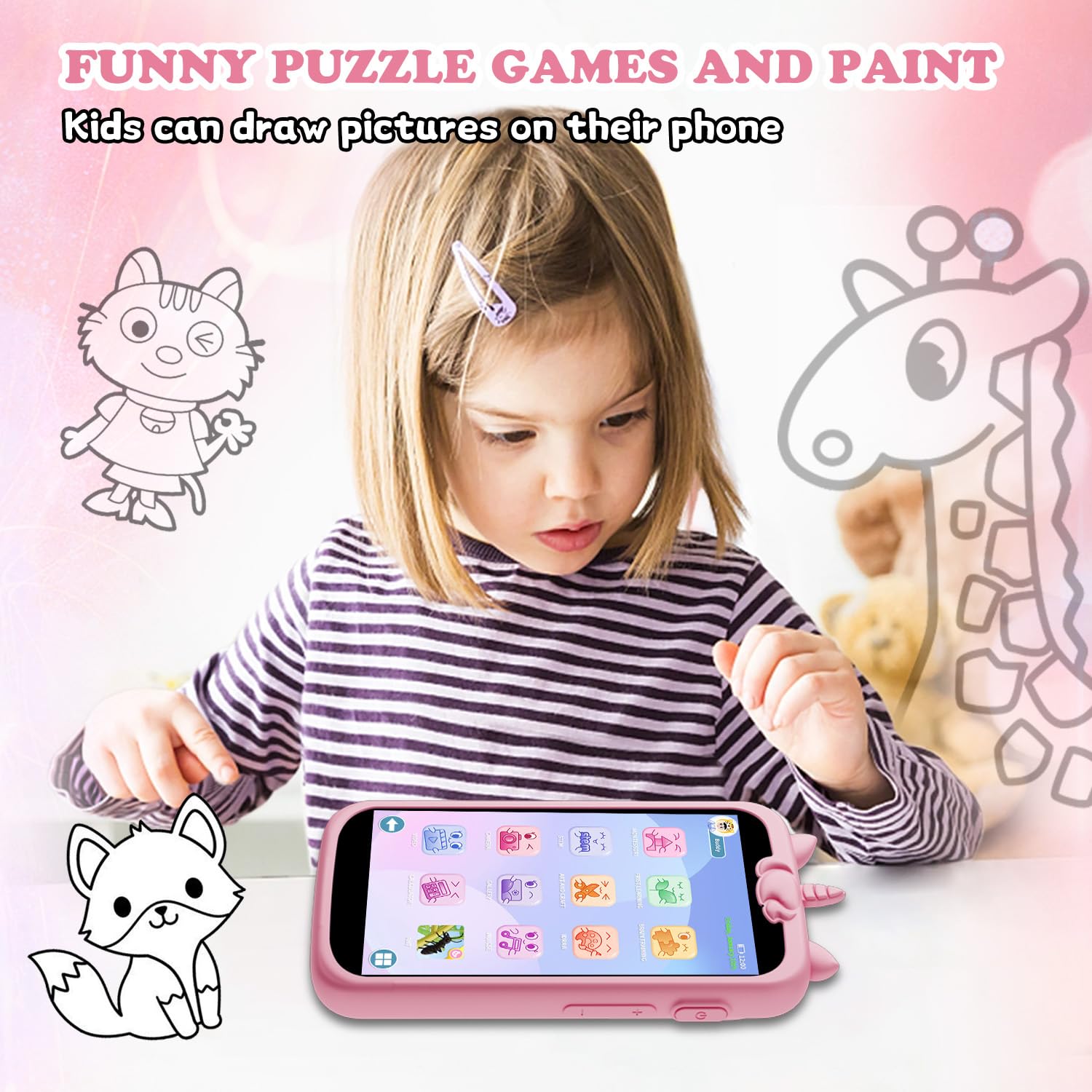 Smartphone Giocattolo per Bambini, 3.97" Cellulare Giocattolo Regalo Natale/Compleanno, 200+ Puzzle Gioco Smartphone Bambini, 2000mA Telefono Finto per 3 ai 12 Anni (Blu) (D2-pink-1)