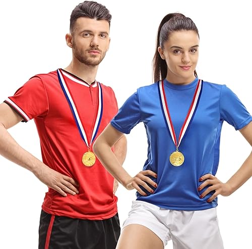 Miniatura 2 de Juvale Paquete de 12 medallas de premio para adultos, trofeos de participación en equipo con cinta de rayas rojas, blancas y azules, recuerdos de