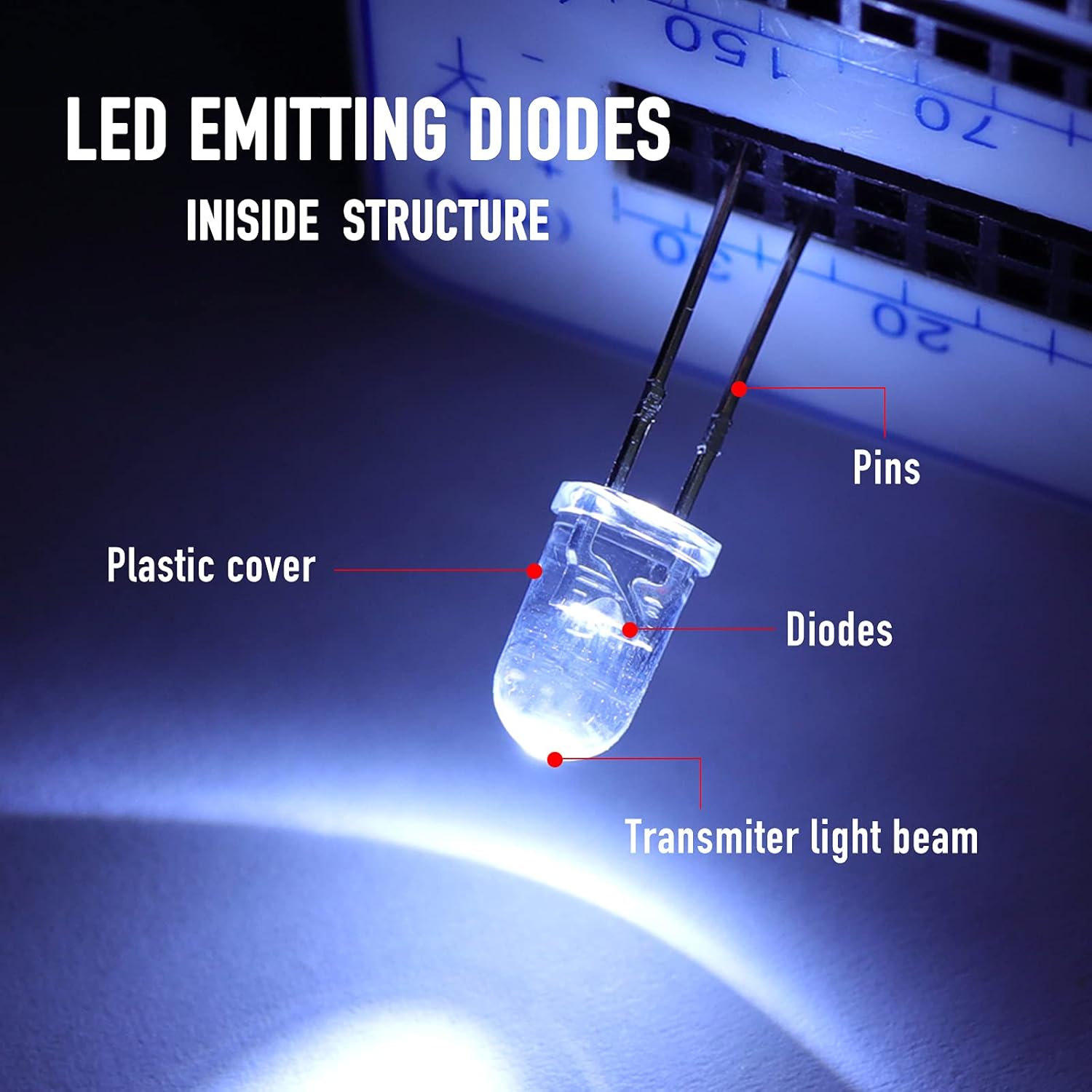 200 Pcs LED Light Emitting Diode Assortment Kit, 3mm 5mm Low Voltage Diffused Diode Round Assorted Color White/Red/Yellow/Green/Blue DIY Kit Box
