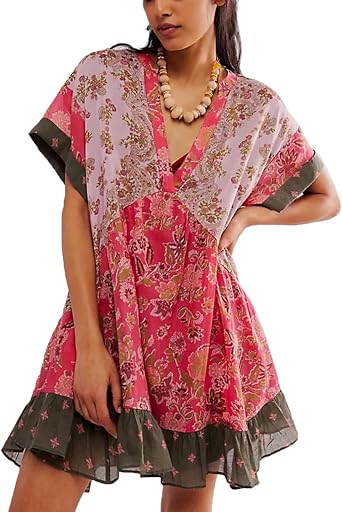Women Boho Floral Mini Dress Summer Y2k Deep V-Neck Puff Sleeve Dresses Causal Beach Sundress